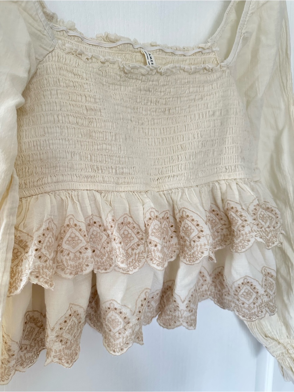 Cream Smocked Square-Neck Lace Peplum Peasant Top Puff Sleeve Boho Cottagecore - Picture 3 of 9